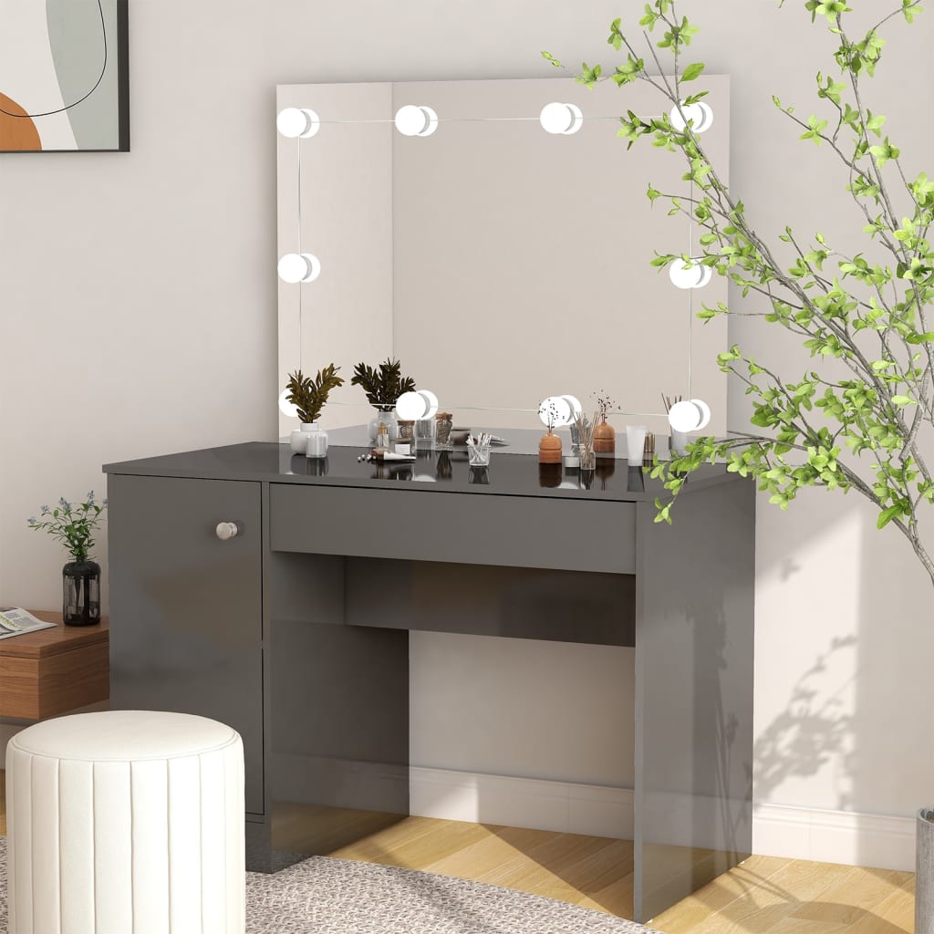 vidaXL Toaletka z LED, 110x55x145 cm, MDF, szara z połyskiem