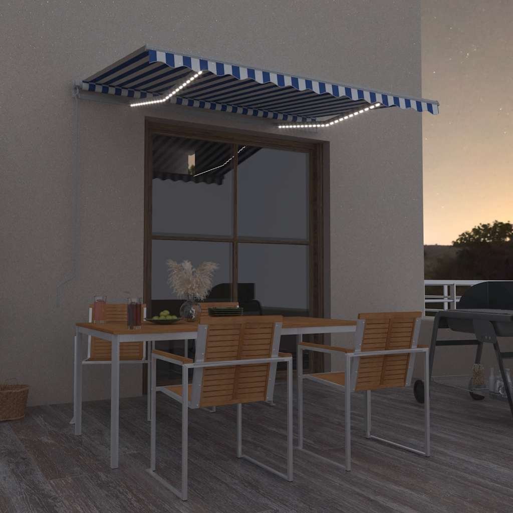 vidaXL Ręcznie zwijana markiza z LED, 300 x 250 cm, niebiesko-biała