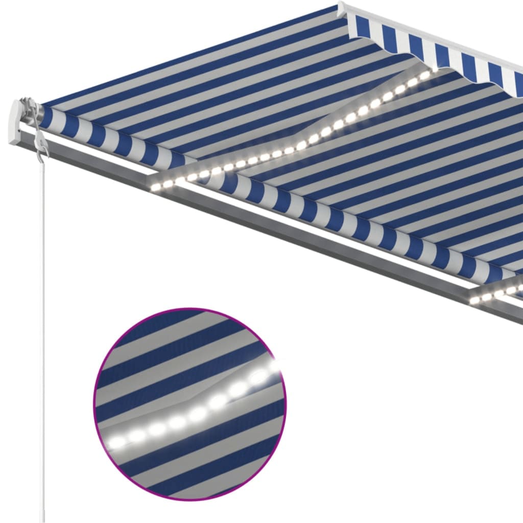 vidaXL Ręcznie zwijana markiza z LED, 450x350 cm, niebiesko-biała