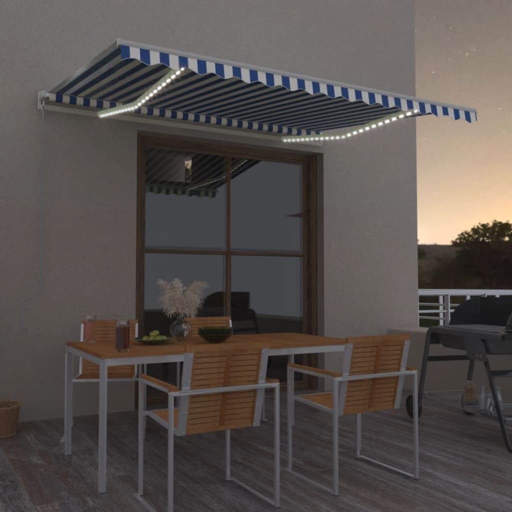 vidaXL Ręcznie zwijana markiza z LED, 450x350 cm, niebiesko-biała
