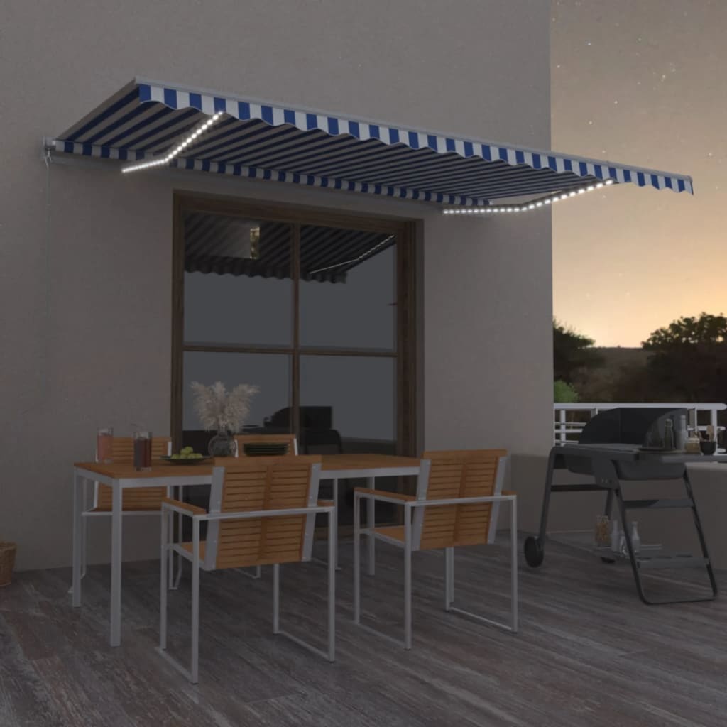 vidaXL Ręcznie zwijana markiza z LED, 500x350 cm, niebiesko-biała