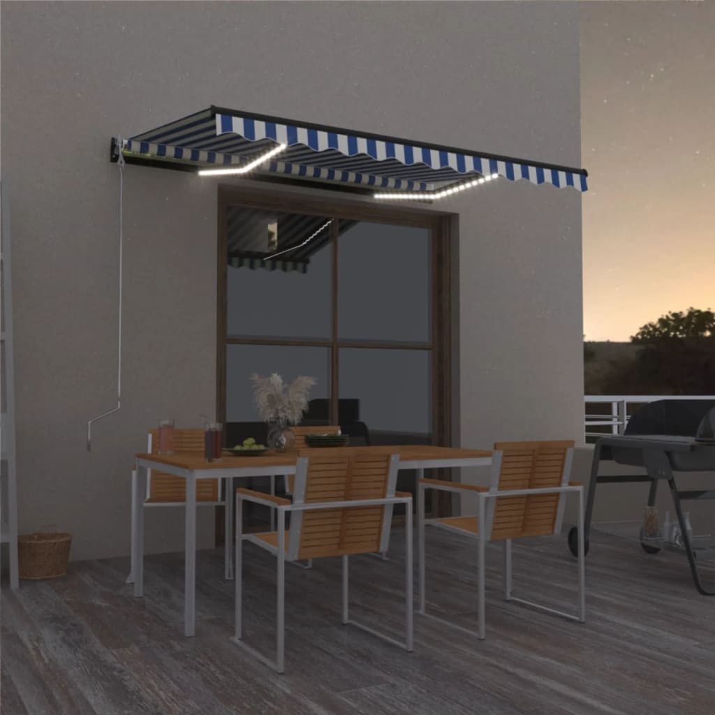 vidaXL Ręcznie zwijana markiza z LED, 400 x 300 cm, niebiesko-biała