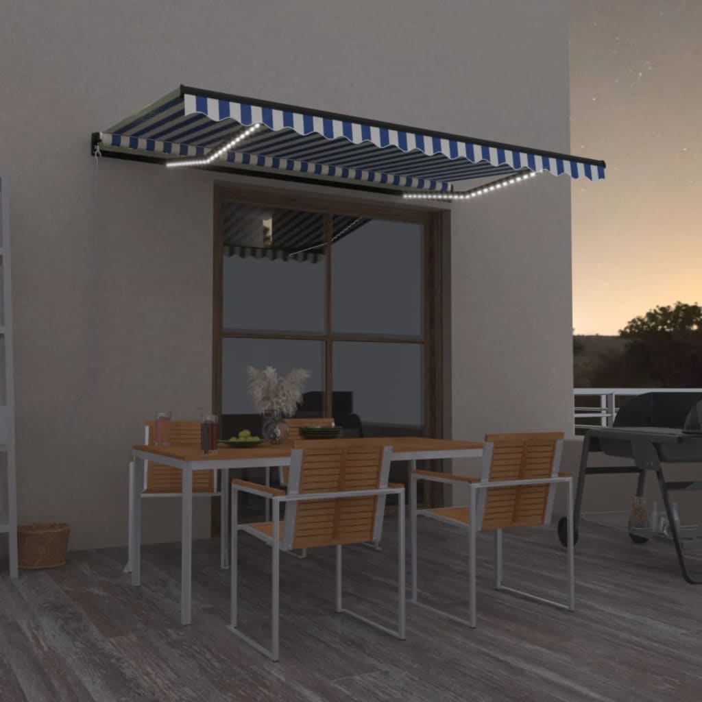 vidaXL Ręcznie zwijana markiza z LED, 400 x 350 cm, niebiesko-biała