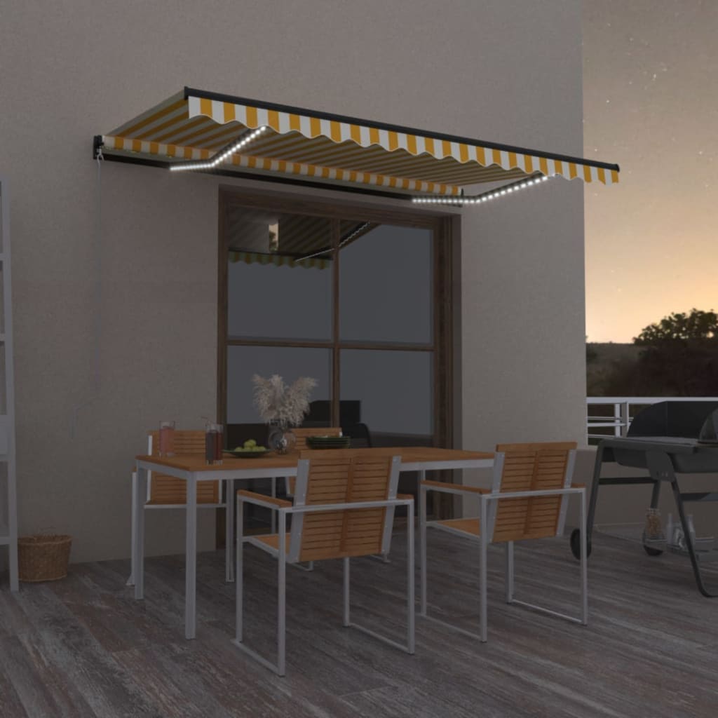 vidaXL Ręcznie zwijana markiza z LED, 400 x 350 cm, żółto-biała