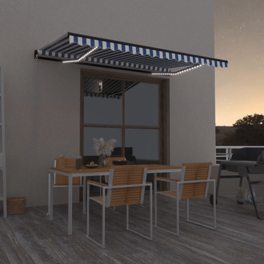 vidaXL Ręcznie zwijana markiza z LED, 450x350 cm, niebiesko-biała