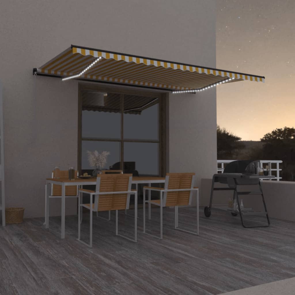 vidaXL Ręcznie zwijana markiza z LED, 500x350 cm, żółto-biała