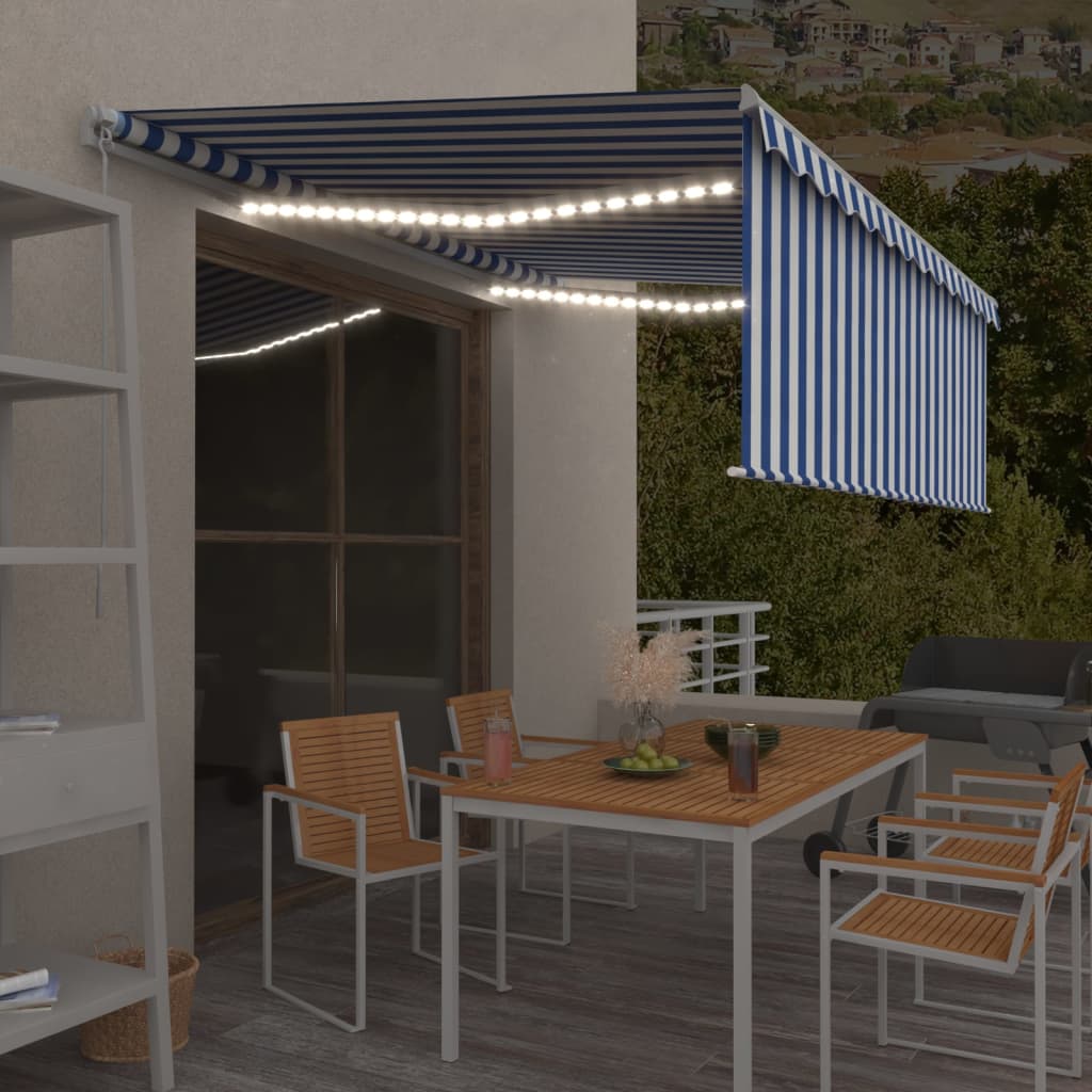 vidaXL Ręcznie zwijana markiza z zasłoną i LED, 4x3 m, niebiesko-biała