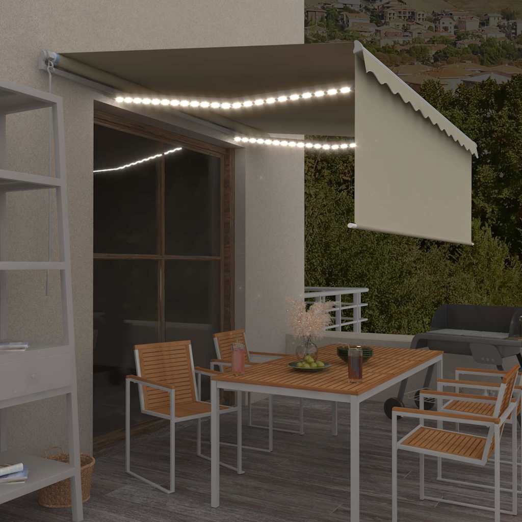 vidaXL Ręcznie zwijana markiza z zasłoną i LED, 4x3 m, kremowa