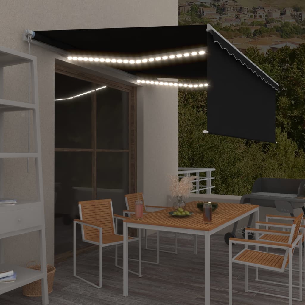 vidaXL Ręcznie zwijana markiza z zasłoną i LED, 4x3 m, antracytowa