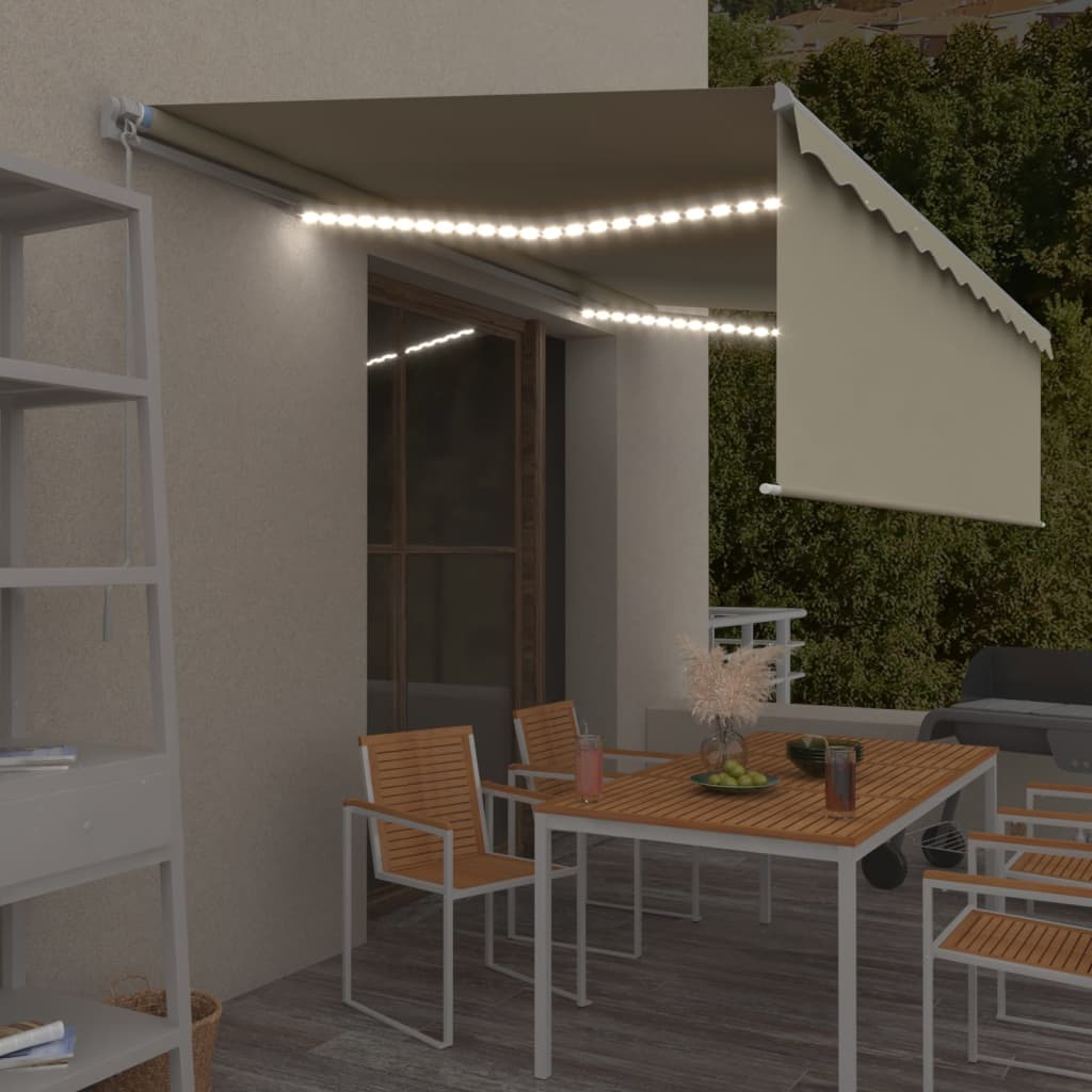 vidaXL Ręcznie zwijana markiza z zasłoną i LED, 5x3 m, kremowa