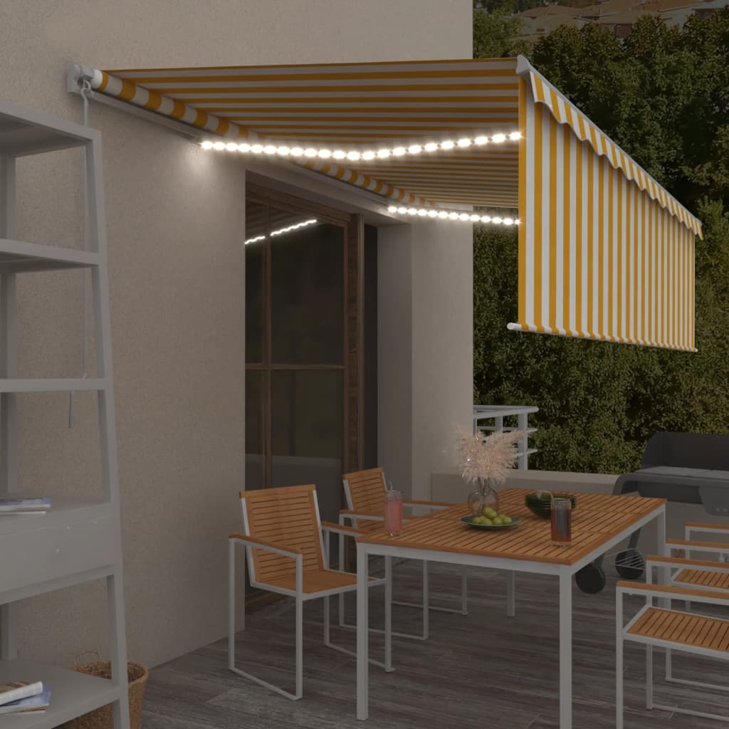 vidaXL Ręcznie zwijana markiza z zasłoną i LED, 5x3 m, żółto-biała