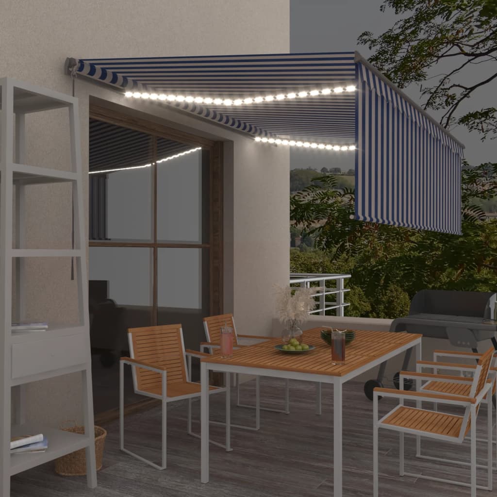 vidaXL Ręcznie zwijana markiza z zasłoną i LED, 4x3 m, niebiesko-biała