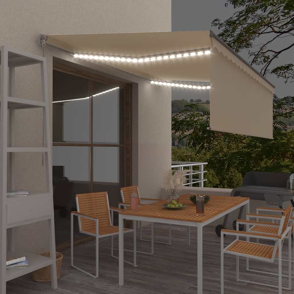 vidaXL Ręcznie zwijana markiza z zasłoną i LED, 4x3 m, kremowa