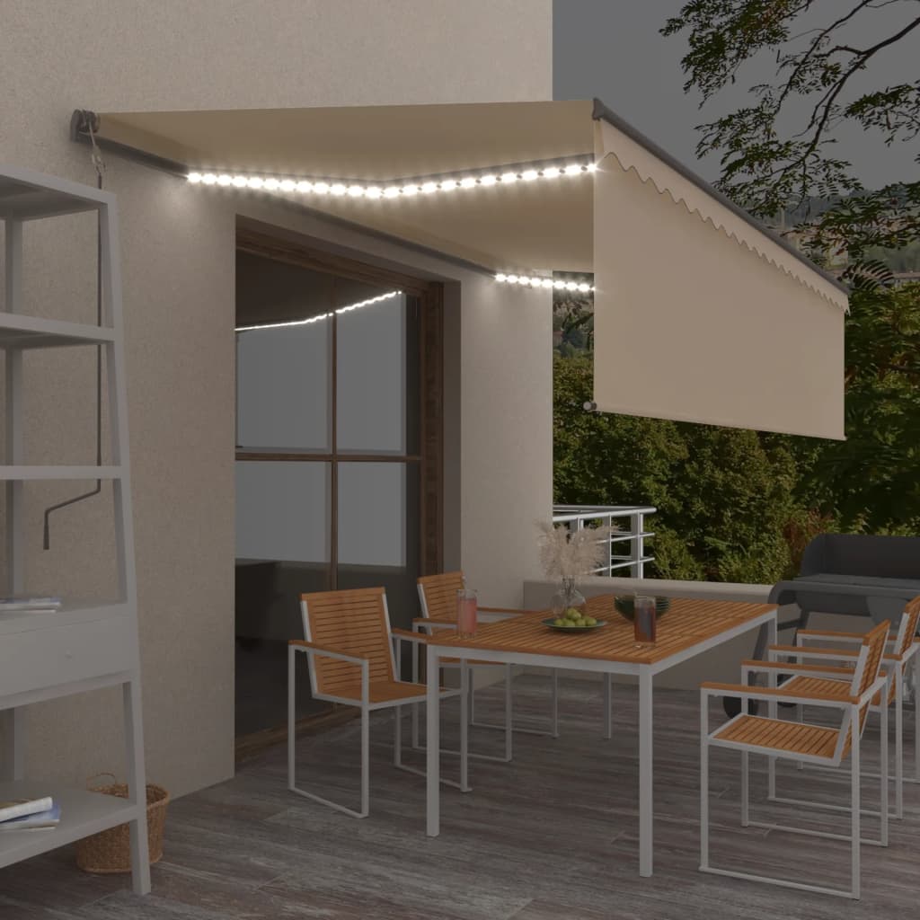 vidaXL Ręcznie zwijana markiza z zasłoną i LED, 5x3 m, kremowa
