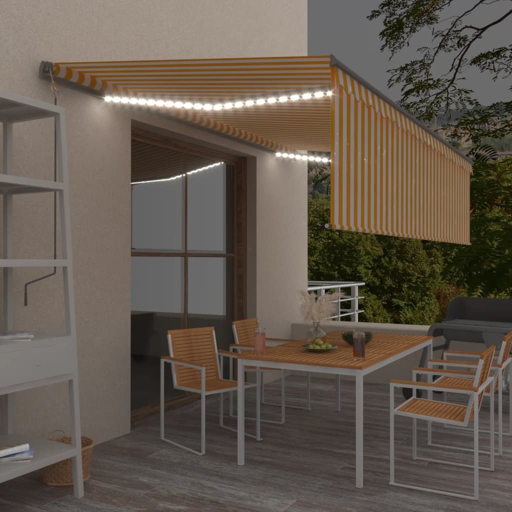 vidaXL Ręcznie zwijana markiza z zasłoną i LED, 5x3 m, żółto-biała