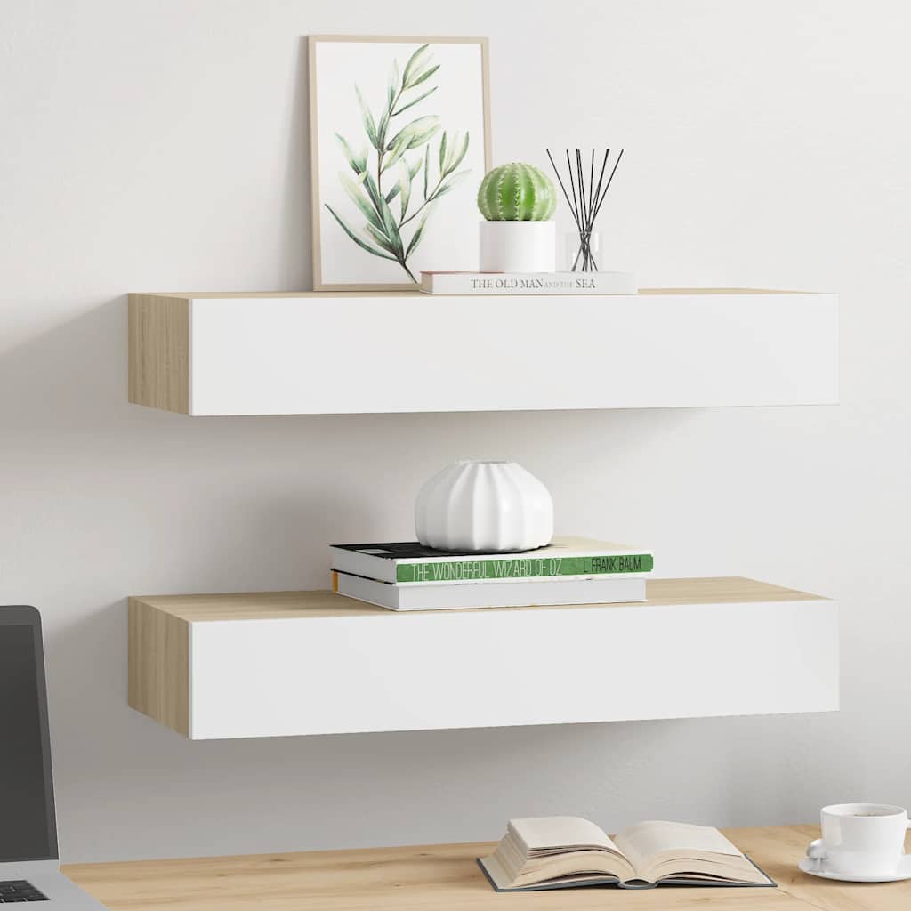 vidaXL Półki ścienne do szuflad 2 szt. Dąb i biel 60x23,5x10cm MDF
