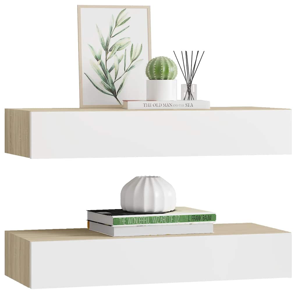 vidaXL Półki ścienne do szuflad 2 szt. Dąb i biel 60x23,5x10cm MDF