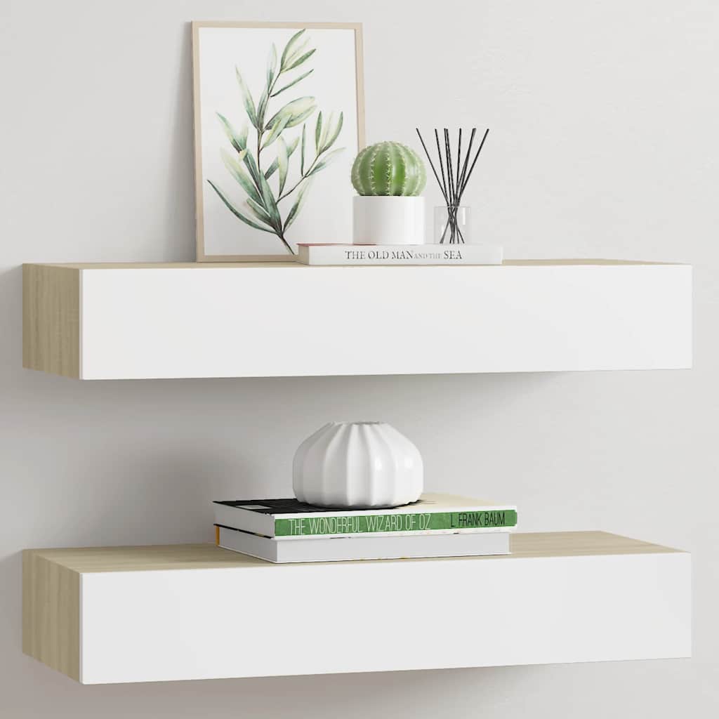 vidaXL Półki ścienne do szuflad 2 szt. Dąb i biel 60x23,5x10cm MDF
