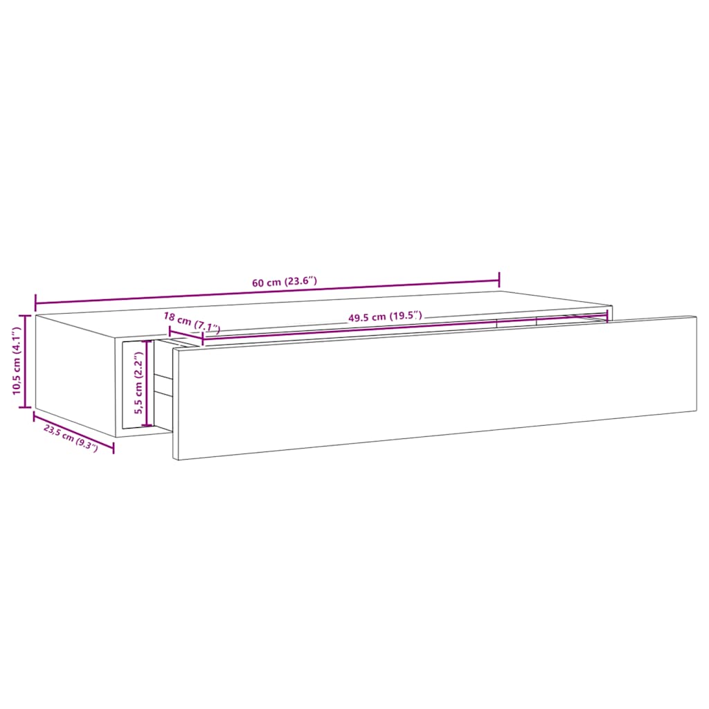 vidaXL Półka ścienna z szufladą, szarość betonu, 60x23,5x10 cm, MDF