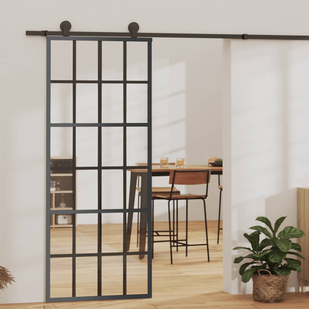 vidaXL Drzwi przesuwne, szkło ESG i aluminium, 76x205 cm, czarne