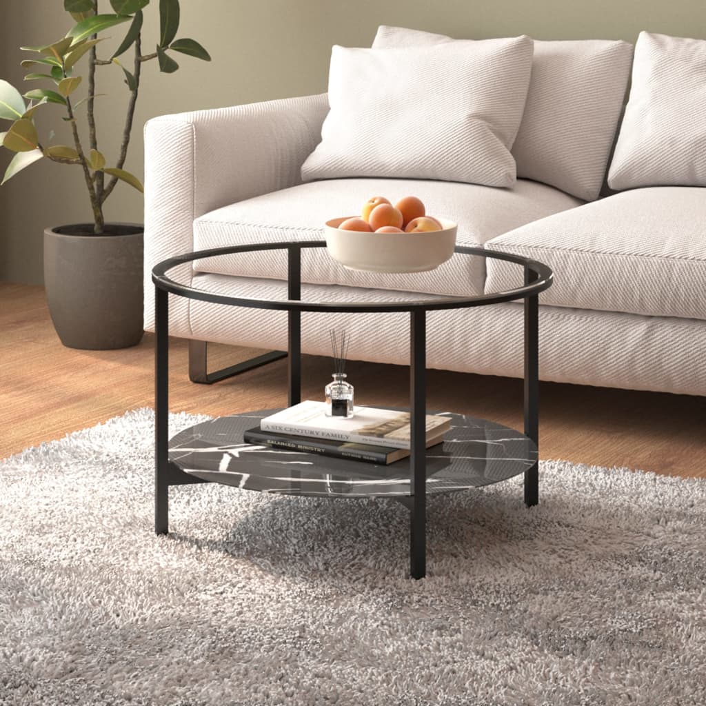vidaXL Stolik kawowy, czarna rama i marmur, szkło hartowane, 70 cm
