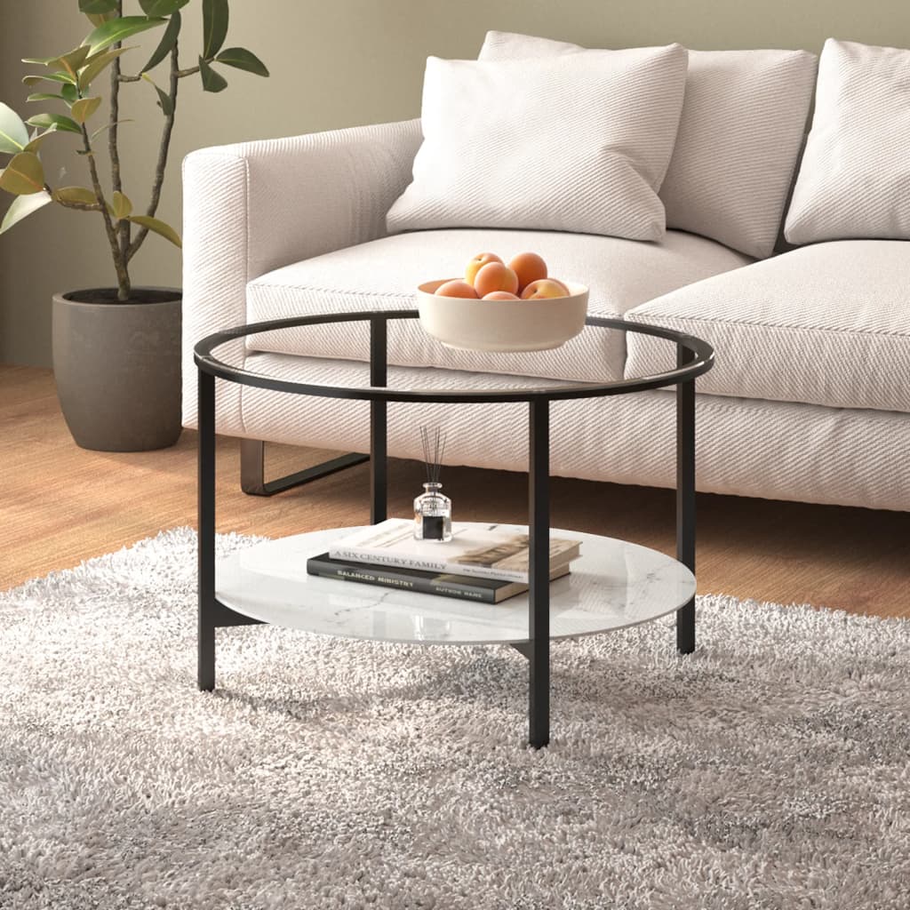 vidaXL Stolik herbaciany, czarna rama i marmur, szkło hartowane, 70 cm