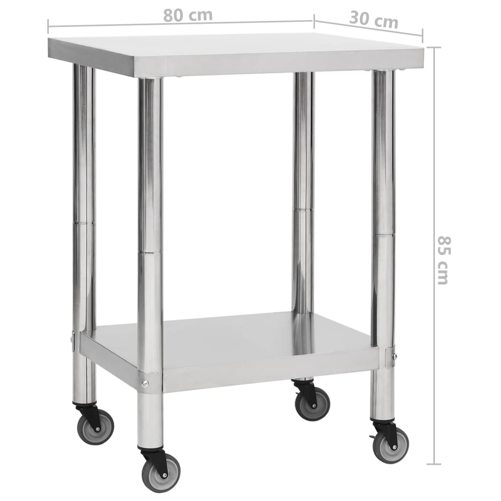 vidaXL Kuchenny stół roboczy na kółkach, 80x30x85 cm, stal nierdzewna