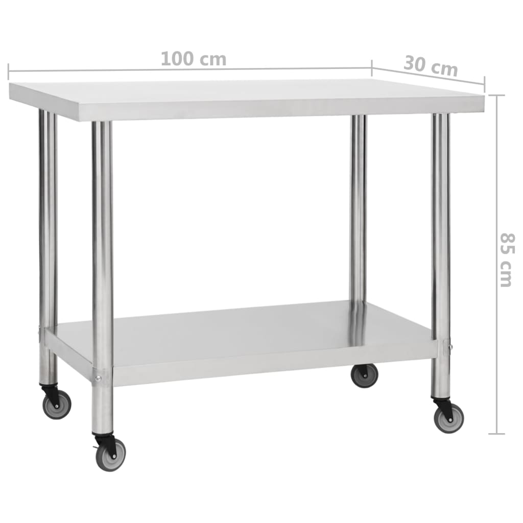 vidaXL Kuchenny stół roboczy na kółkach, 100x30x85 cm, stal nierdzewna