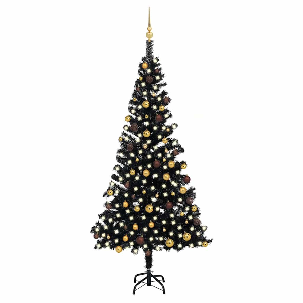 vidaXL Sztuczna choinka z lampkami i bombkami, czarna, 210 cm, PVC