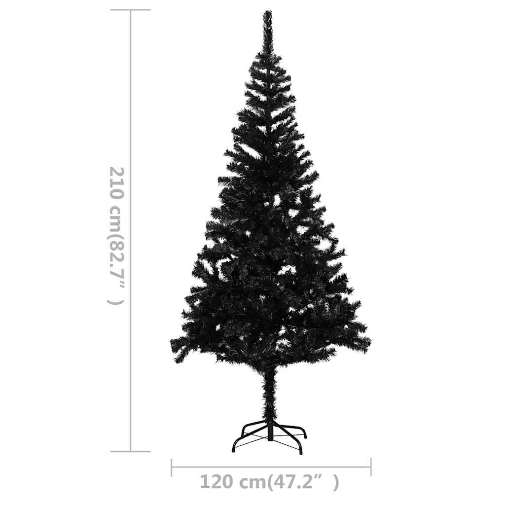 vidaXL Sztuczna choinka z lampkami i bombkami, czarna, 210 cm, PVC