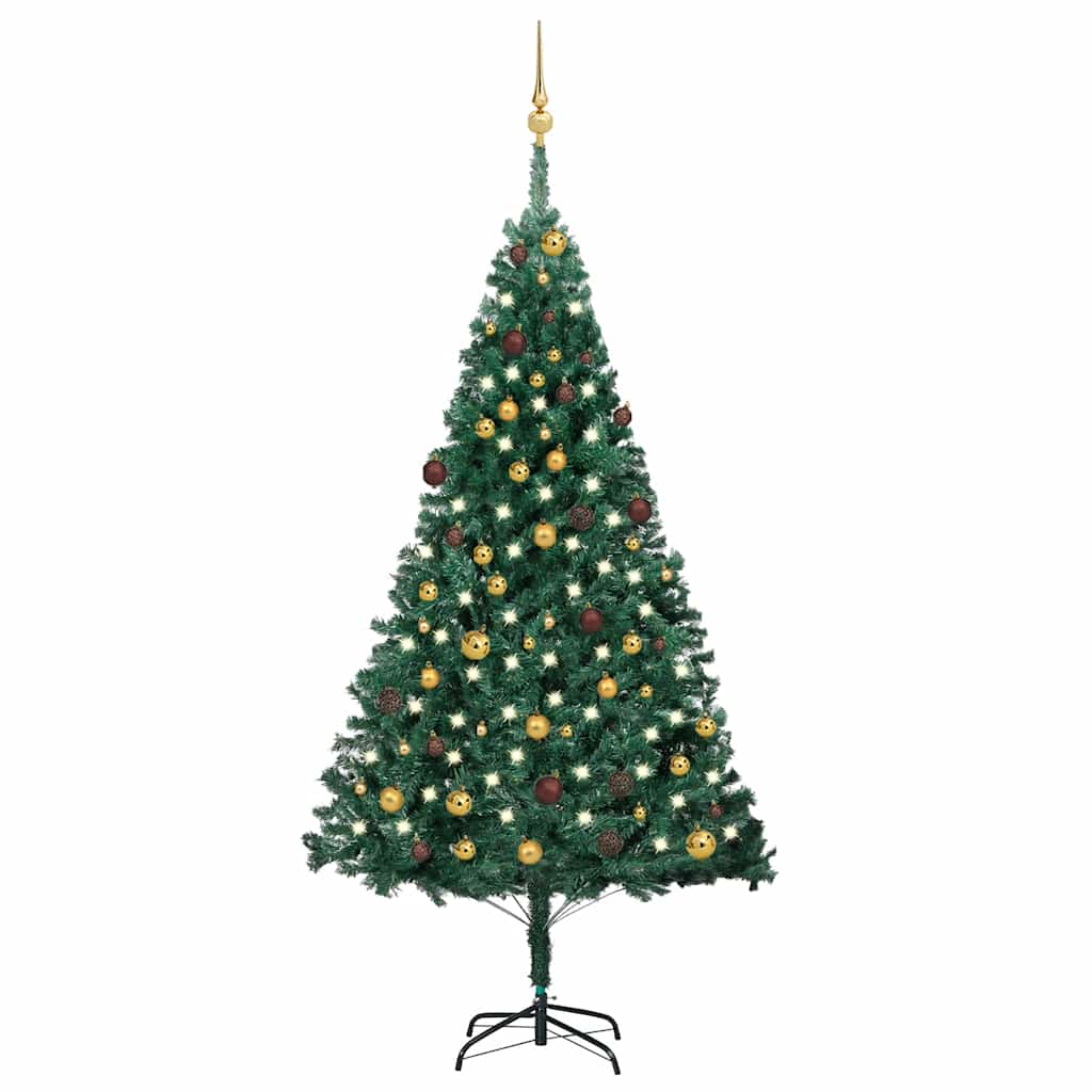 vidaXL Sztuczna choinka z lampkami i bombkami, zielona, 210 cm, PVC