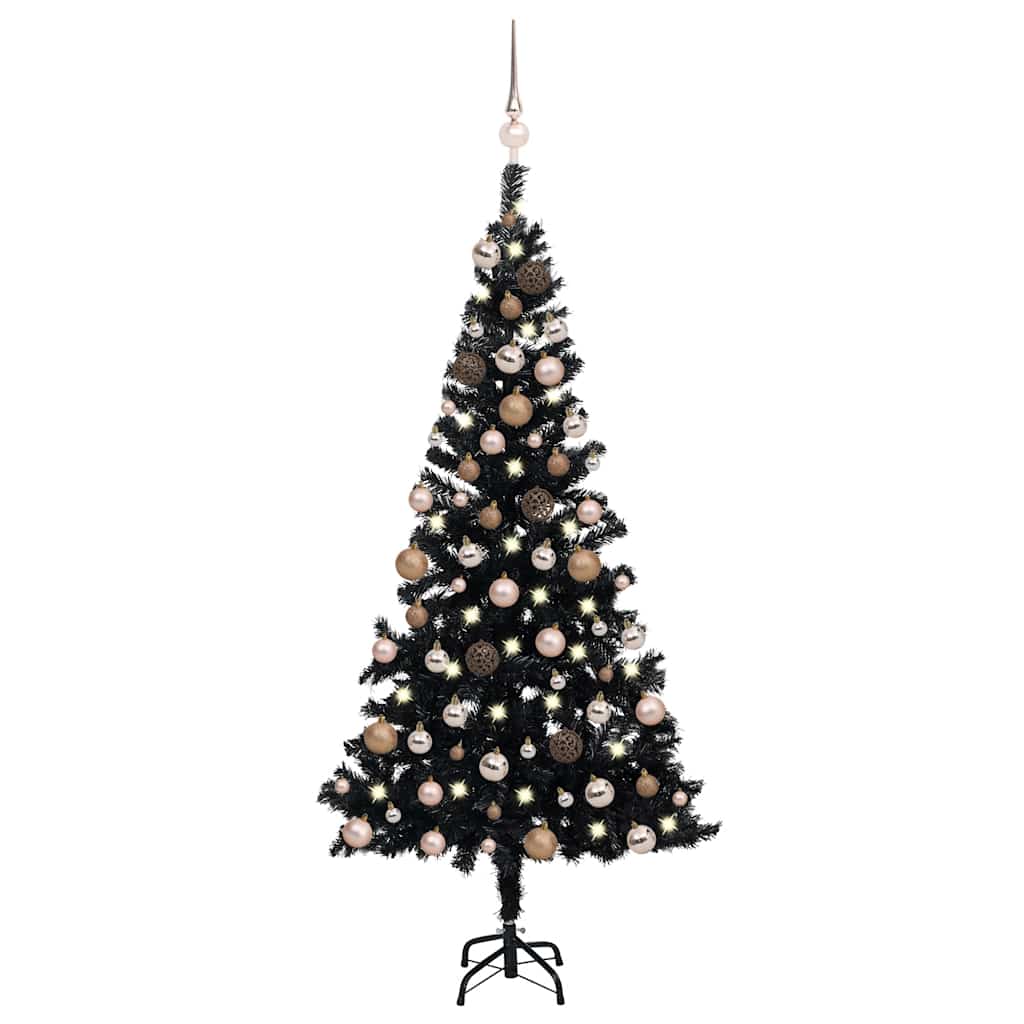 vidaXL Sztuczna choinka z lampkami i bombkami, czarna, 150 cm, PVC