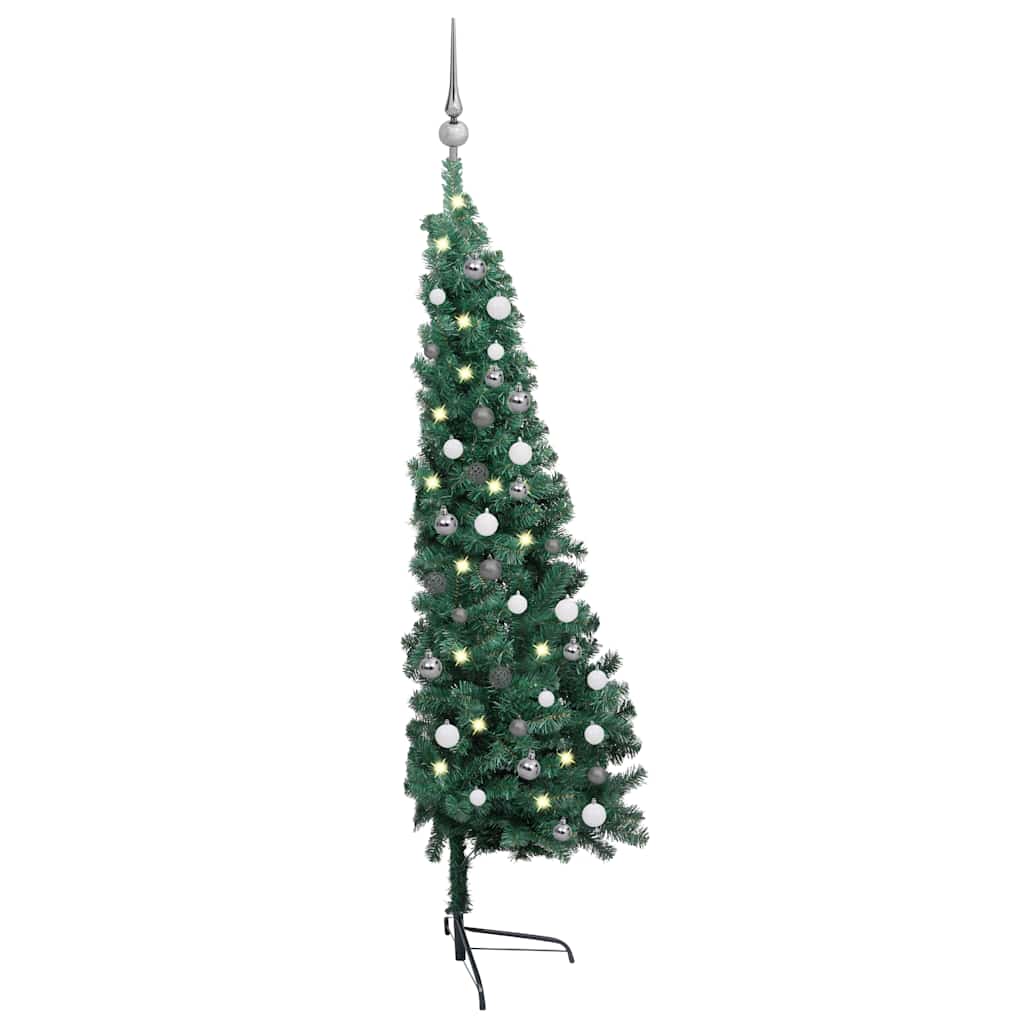 vidaXL Choinka z lampkami i bombkami, połówka, zielona, 150 cm
