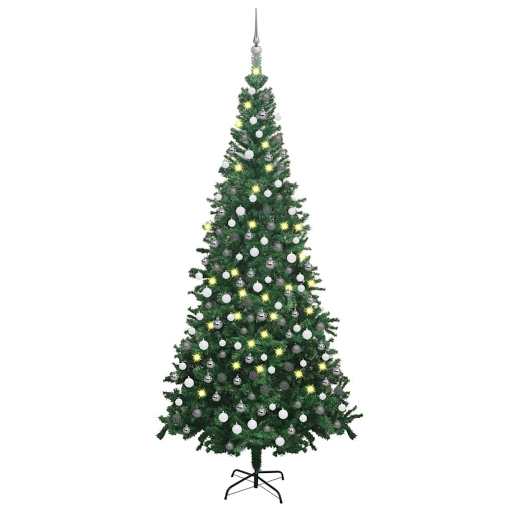 vidaXL Sztuczna choinka z lampkami i bombkami, L, 240 cm, zielona