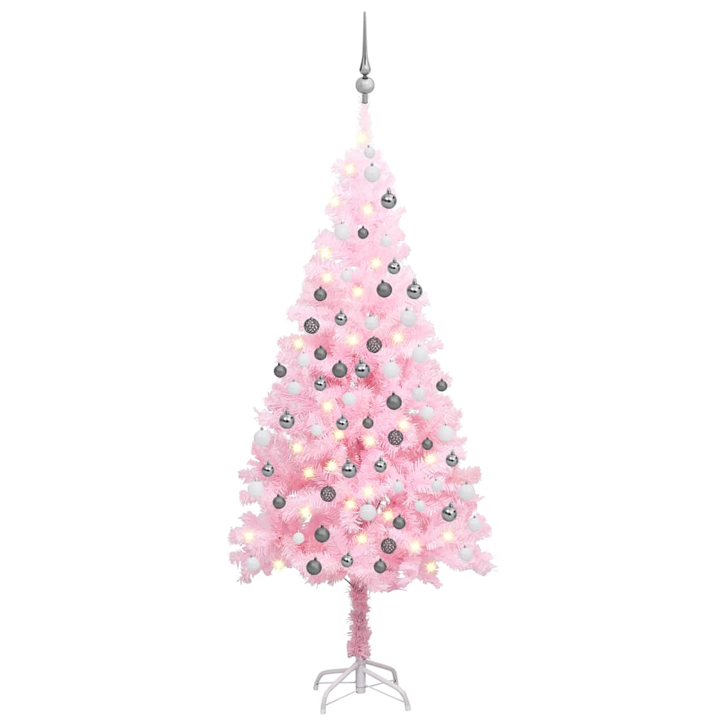 vidaXL Sztuczna choinka z lampkami i bombkami, różowa, 120 cm, PVC