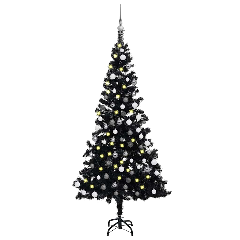 vidaXL Sztuczna choinka z lampkami i bombkami, czarna, 120 cm, PVC