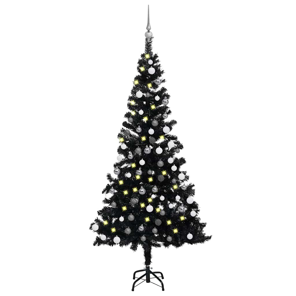vidaXL Sztuczna choinka z lampkami i bombkami, czarna, 180 cm, PVC