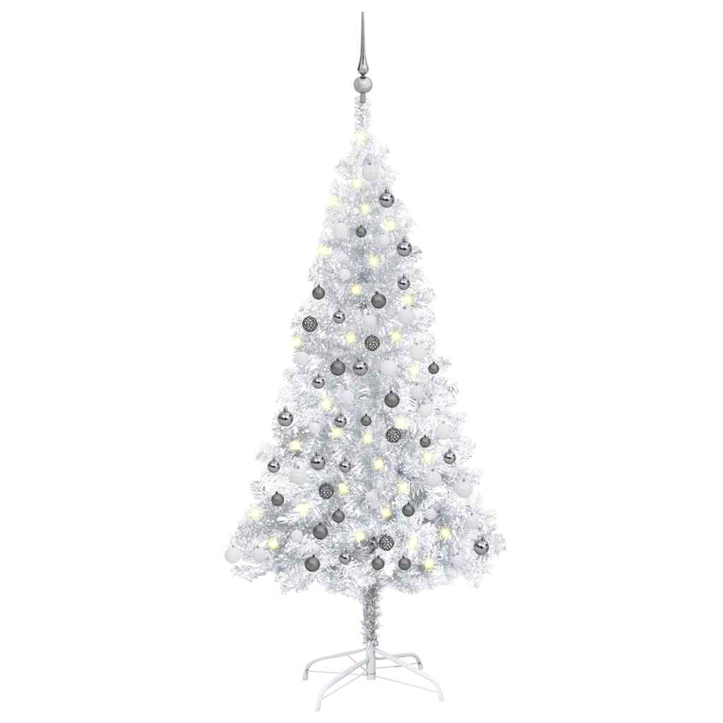 vidaXL Sztuczna choinka z lampkami i bombkami, srebrna, 120 cm, PET