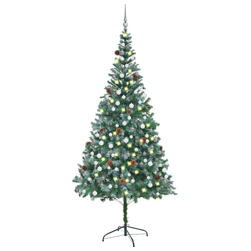 vidaXL Sztuczna choinka z lampkami, bombkami i szyszkami, 210 cm