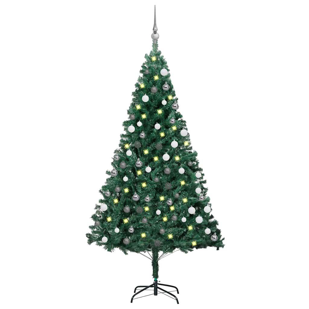 vidaXL Sztuczna choinka z lampkami i bombkami, zielona, 180 cm, PVC