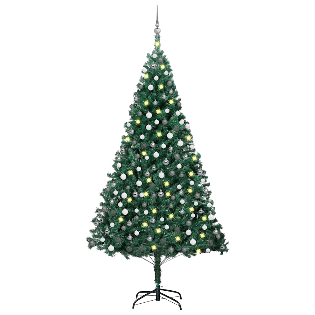 vidaXL Sztuczna choinka z lampkami i bombkami, zielona, 210 cm, PVC