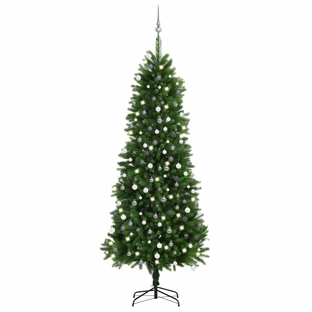 vidaXL Sztuczna choinka z lampkami i bombkami, 240 cm, zielona