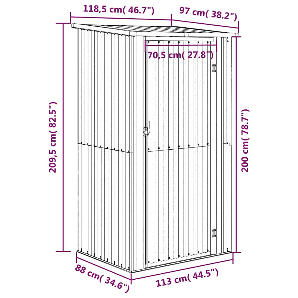 vidaXL Szopa ogrodowa, szara, 118,5x97x209,5 cm, stal galwanizowana
