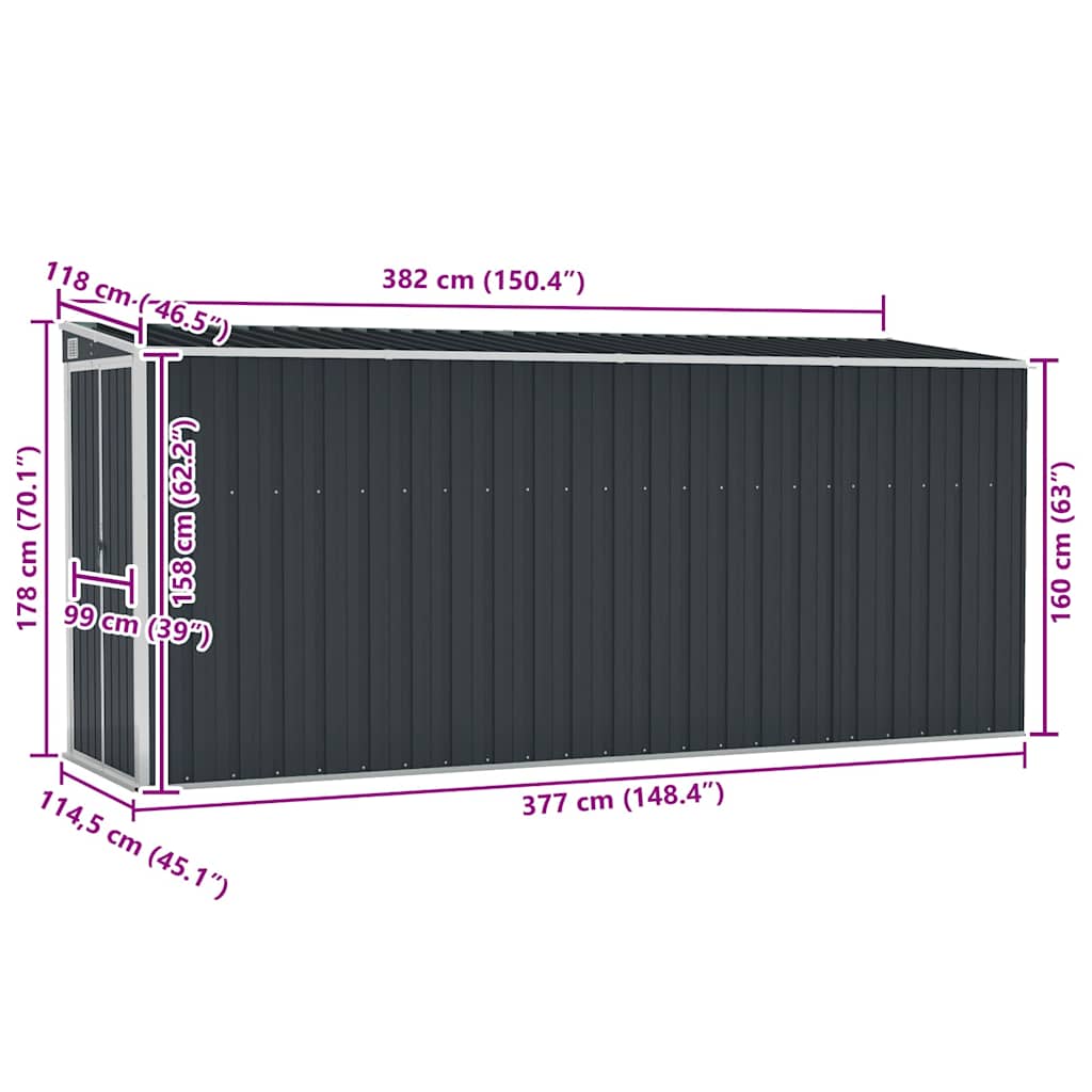 vidaXL Szopa ogrodowa, mocowana do ściany, antracytowa, 118x382x178 cm