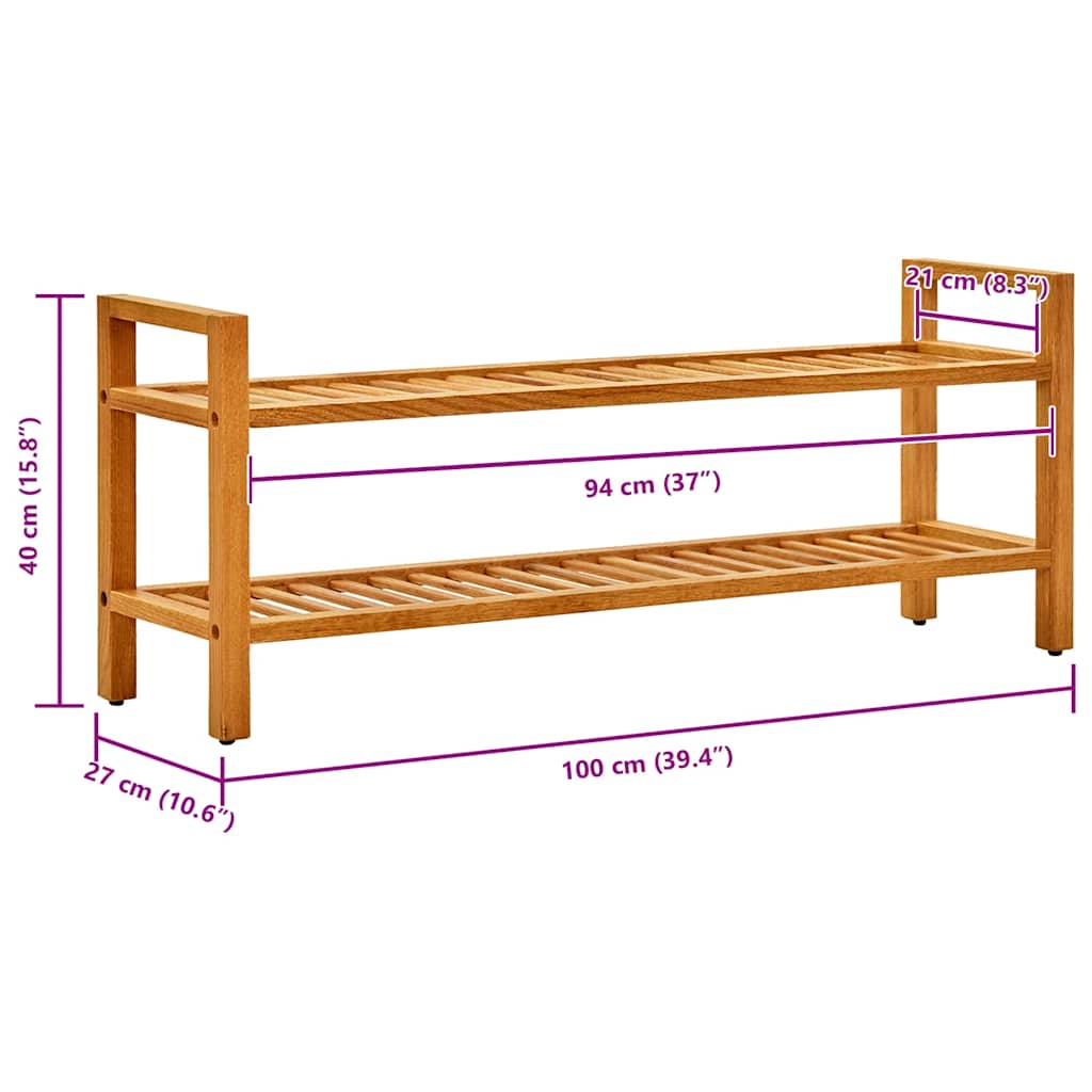 vidaXL Stojak na buty z 2 półkami, 100x27x40 cm, lite drewno dębowe