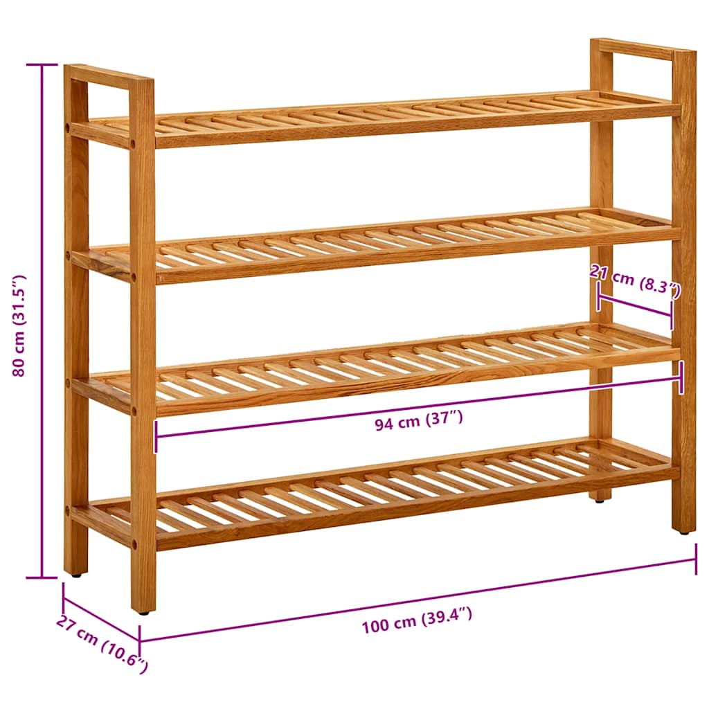 vidaXL Stojak na buty z 4 półkami, 100x27x80 cm, lite drewno dębowe