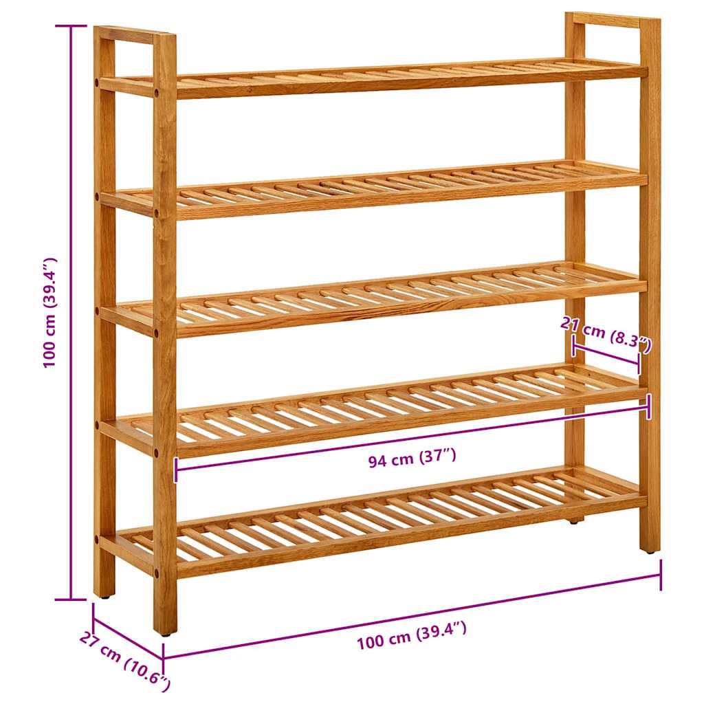 vidaXL Stojak na buty z 5 półkami, 100x27x100 cm, lite drewno dębowe
