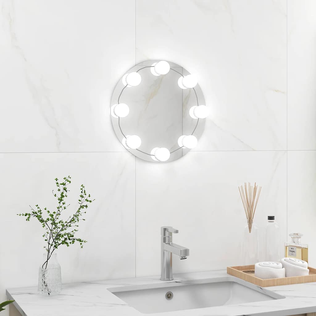 vidaXL Lustro ścienne z lampkami LED, bez ramy, okrągłe, szklane