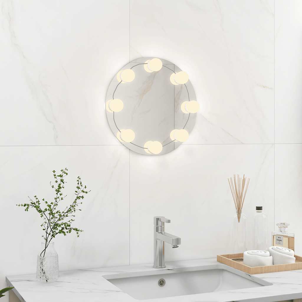vidaXL Lustro ścienne z lampkami LED, bez ramy, okrągłe, szklane