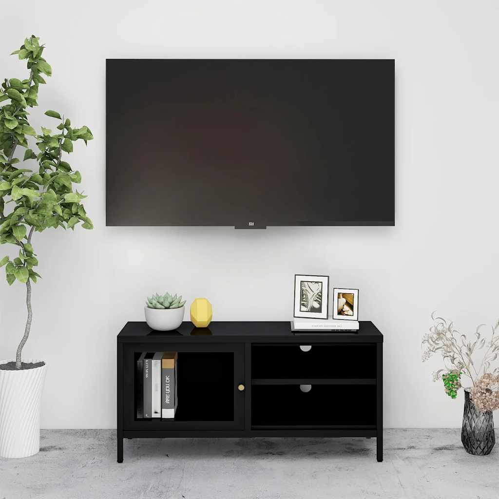 vidaXL Szafka pod telewizor, czarna, 90x30x44 cm, stal i szkło